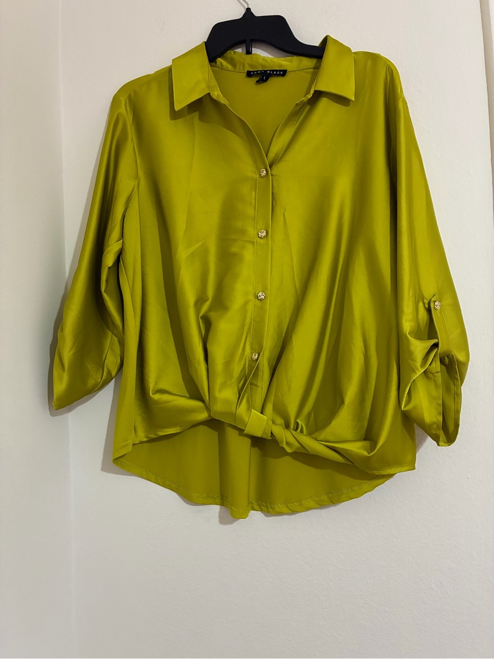 Satin Button-Down Shirt with Front Knot in Lime
